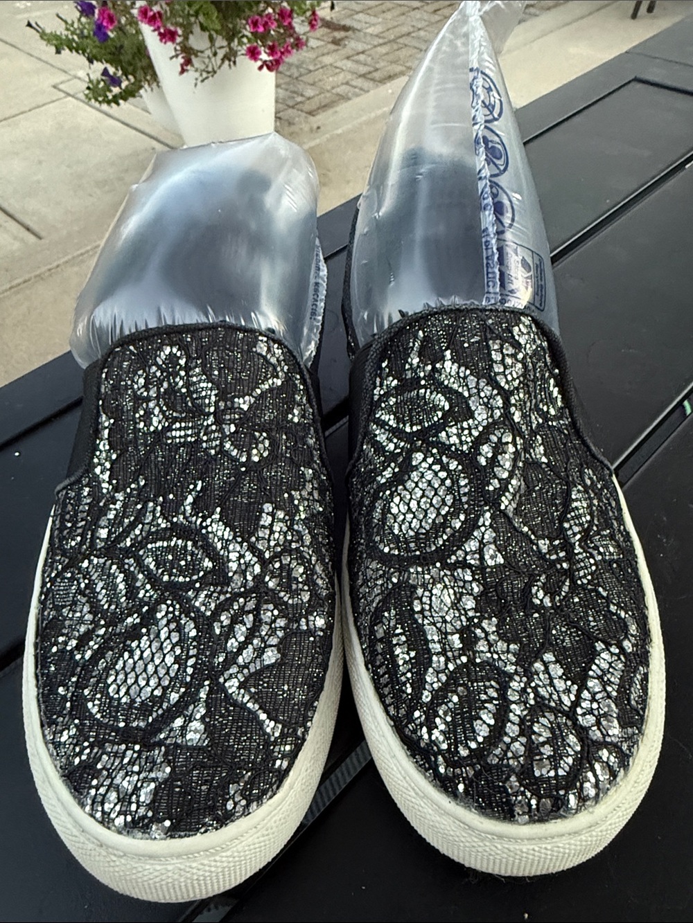Sugar Black Lace Slip-On Flats with White Soles